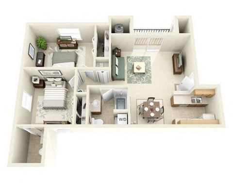 Floor plan for 2 beds, 2 baths, 850 sqft